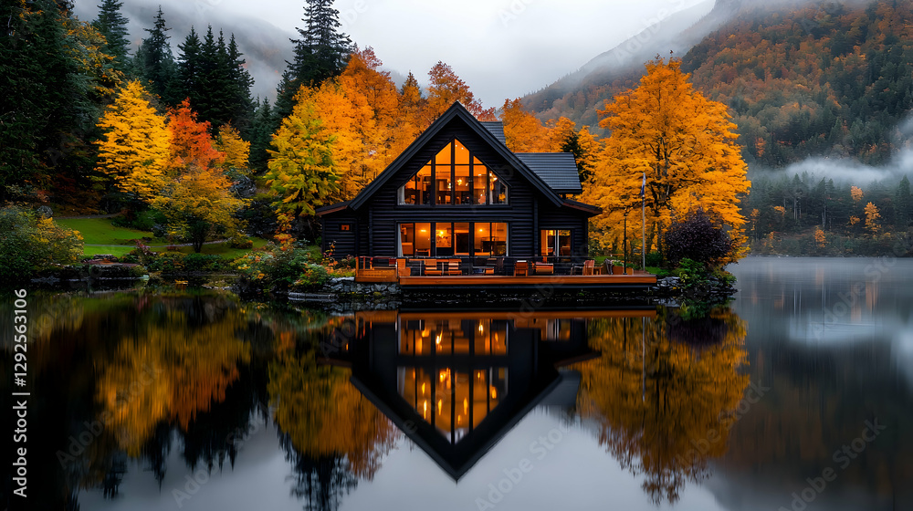 Fototapeta premium Lakeside autumn cabin, mountain reflection, misty dawn