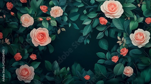 Wallpaper Mural Peach Roses and Deep Green Foliage: A Digital Floral Illustration AI Generated Torontodigital.ca