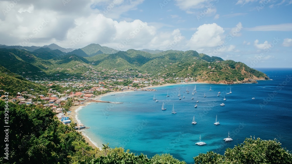 Naklejka premium Picturesque Coastal Town with Boats in Harbor