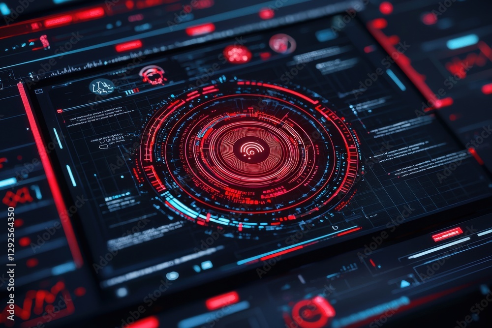Cyber warfare interface with red warning signals, AI threat detection system, futuristic cybersecurity defense visualization Cyber warfare interface with red warning signals, AI threat detection system, futuristic cybersecurity defense visualization
