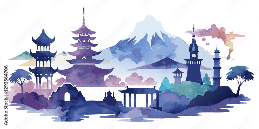 Fototapeta premium Asian Landmarks Silhouette – A watercolor composition featuring the Forbidden City, Mount Fuji, Borobudur Temple, Marina Bay Sands, and the Taj Mahal, painted in delicate pastels and deep indigo tones