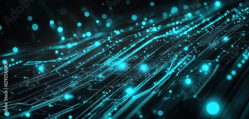 Deep turquoise digital lines stretch across a black background in a futuristic tech style.