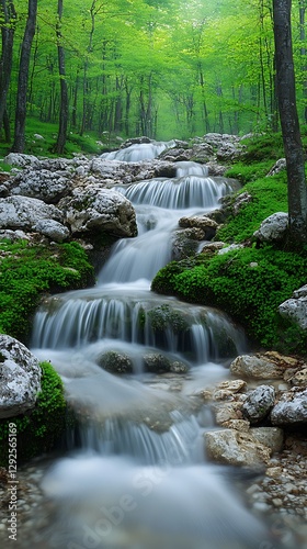 Serene forest stream, cascading waterfall