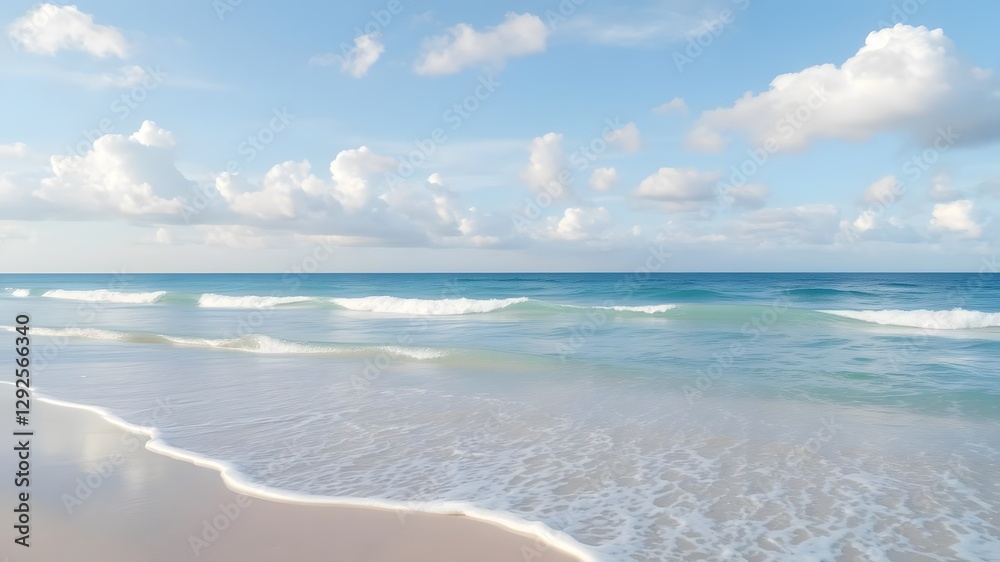 A dreamy beach scene with soft clouds floating in a blue sky, gentle ripples on the ocean, and calm waters lapping at the shore, A dreamy beach scene with soft clouds floating in a blue sky, gentle ripples on the ocean, and calm waters lapping at the shore,