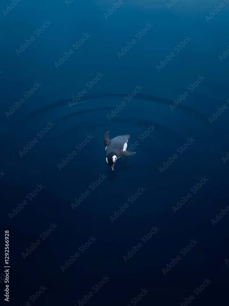 Penguin diving headfirst into the deep blue ocean with ripples spreading out around it Penguin diving headfirst into the deep blue ocean with ripples spreading out around it