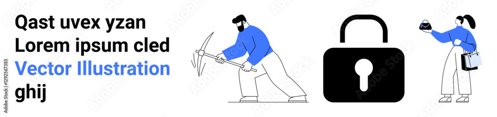 Male character mining data with pickaxe, female holding password with clipboard, large padlock as security symbol. Ideal for cybersecurity, data protection, encryption, privacy, hacking prevention Male character mining data with pickaxe, female holding password with clipboard, large padlock as security symbol. Ideal for cybersecurity, data protection, encryption, privacy, hacking prevention