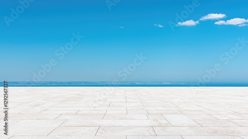 Seaside plaza, clear sky, calm sea, summer
