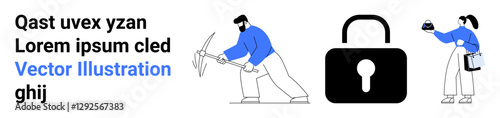 Male character mining data with pickaxe, female holding password with clipboard, large padlock as security symbol. Ideal for cybersecurity, data protection, encryption, privacy, hacking prevention