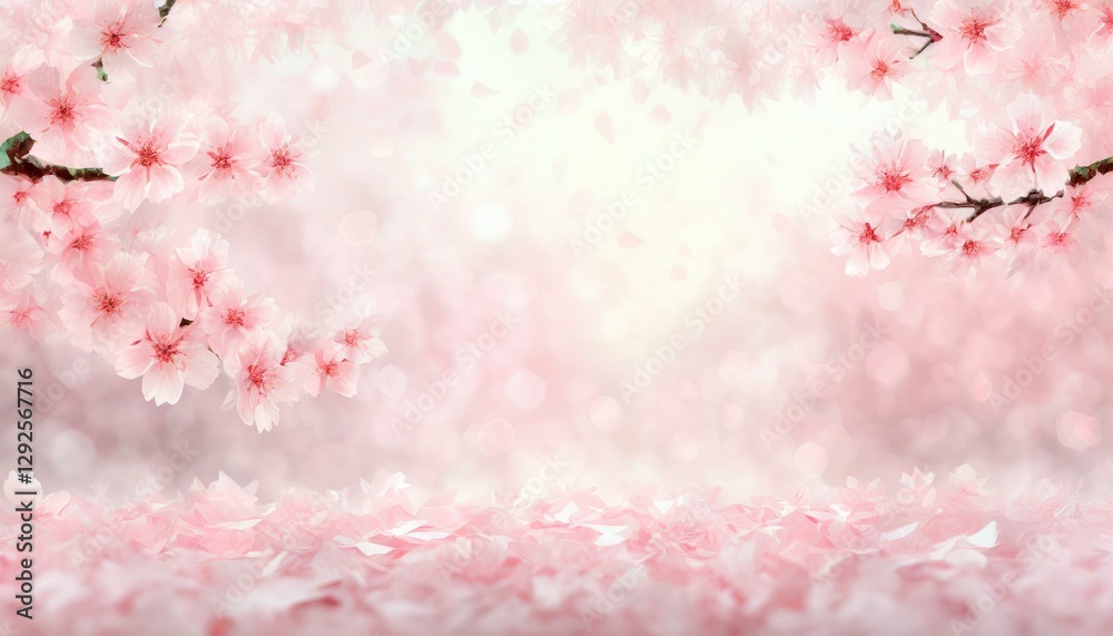 淡いキラキラピンク色ぼかし背景に花びらが舞い散る美しい桜の花のフレーム 3DCGイラスト 淡いキラキラピンク色ぼかし背景に花びらが舞い散る美しい桜の花のフレーム 3DCGイラスト