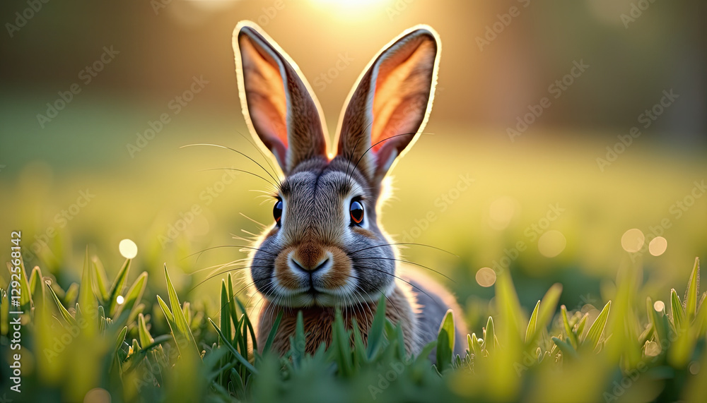 Fototapeta premium Rabbit ears peeking from green grass at sunset for Easter greeting cards, spring blogs, nature websites, wildlife photography, and educational materials about lagomorphs