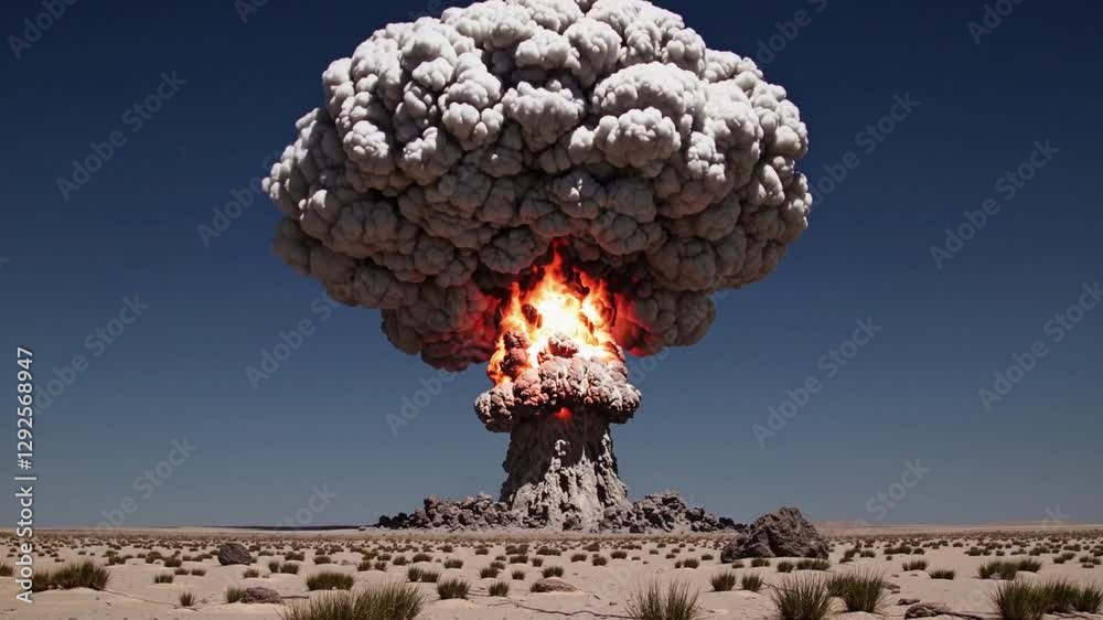 Slow Motion Nuclear Bomb Explosion in Desert – Massive Fireball Detonation, Intense Shockwave, Billowing Mushroom Cloud, Apocalyptic Destruction, High-Energy Blast, Scorching Heatwave, Devastating 