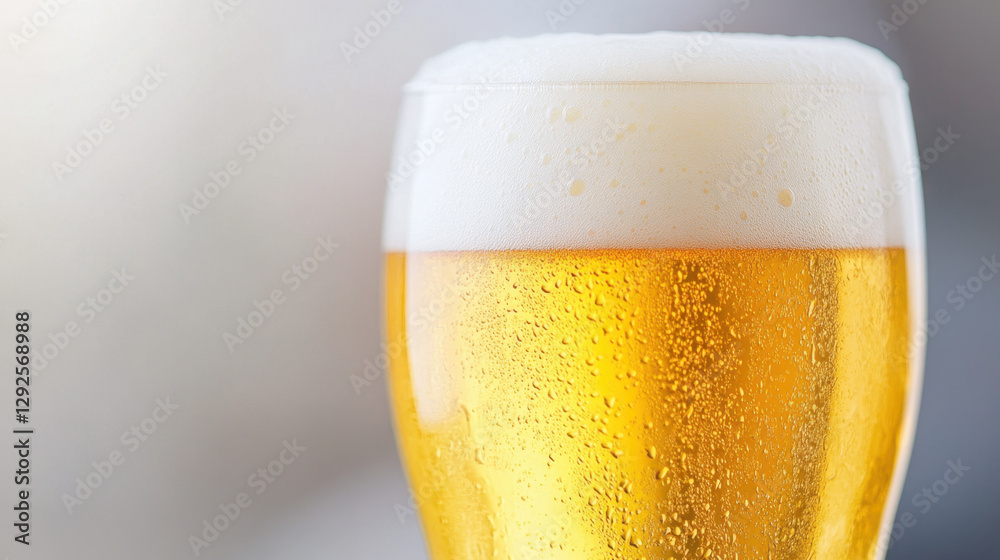 refreshing glass of golden beer with frothy white head, showcasing condensation on surface. Perfect for enjoying on warm day refreshing glass of golden beer with frothy white head, showcasing condensation on surface. Perfect for enjoying on warm day