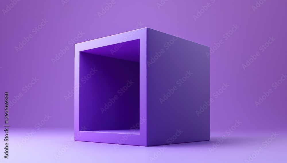 Ultra-realistic 3D purple cube, open front facing, subtly gradient backdrop. Ultra-realistic 3D purple cube, open front facing, subtly gradient backdrop.