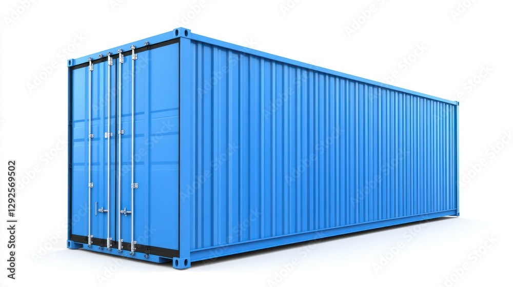 Isolated blue shipping container showcasing its ribbed design and sturdy locking mechanism on a seamless white backdrop ideal for logistics illustration Isolated blue shipping container showcasing its ribbed design and sturdy locking mechanism on a seamless white backdrop ideal for logistics illustration