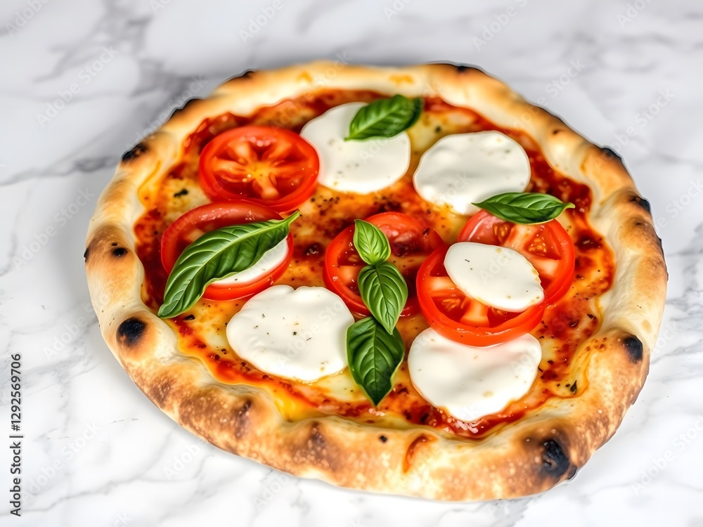 Wood Fired Pizza with Fresh Mozzarella, Heirloom Tomatoes, and Basil Leaves on a Rustic Marble Countertop Wood Fired Pizza with Fresh Mozzarella, Heirloom Tomatoes, and Basil Leaves on a Rustic Marble Countertop