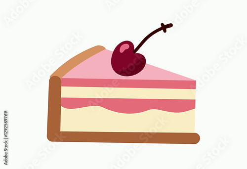 Simple Triangle Cake Vector Icon: Minimalist Design with Pink Cream Layer and Cherry, Isolated on White Background with Clear Margins

