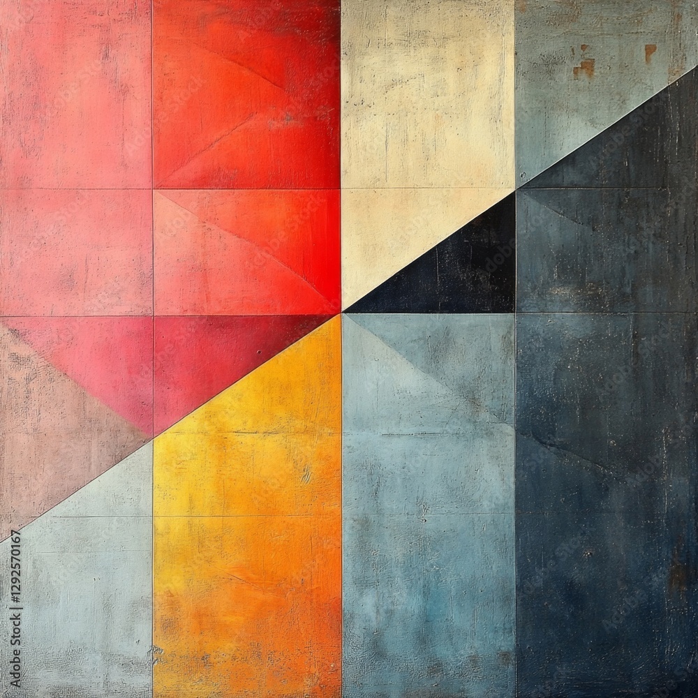 Abstract Geometric Composition with Colorful Triangles and Textures in a Modern Art Style Featuring Reds, Yellows, Blues and Grays on a Textured Canvas Abstract Geometric Composition with Colorful Triangles and Textures in a Modern Art Style Featuring Reds, Yellows, Blues and Grays on a Textured Canvas