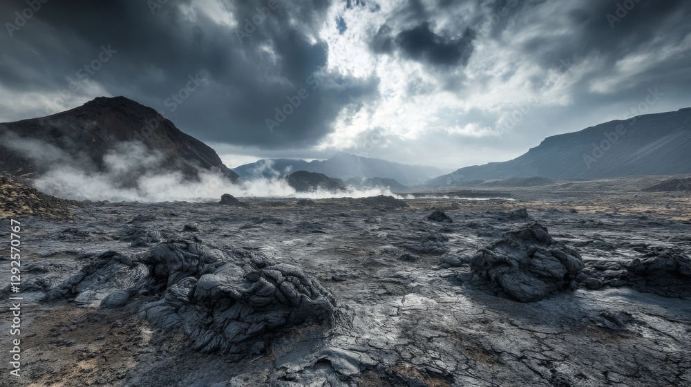 Volcanic Landscape, Dramatic Sky, Geothermal Volcanic Landscape, Dramatic Sky, Geothermal