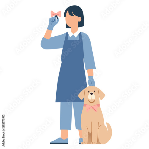 A woman in an apron holds a bow while accompanied by a dog, suggesting grooming or care.