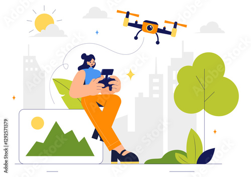 Drone Photography Vector Illustration featuring a Drone with a Remote Control, Capturing Aerial Photos and Videos from Above in a Flat Background