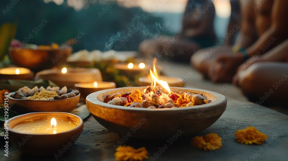 Obraz premium Intimate gathering around a firelit altar, candles casting golden hues, sacred customs, and deep spirituality