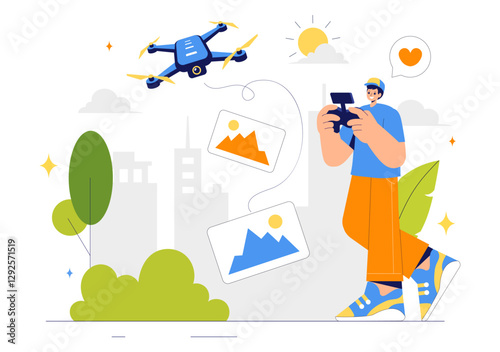 Drone Photography Vector Illustration featuring a Drone with a Remote Control, Capturing Aerial Photos and Videos from Above in a Flat Background