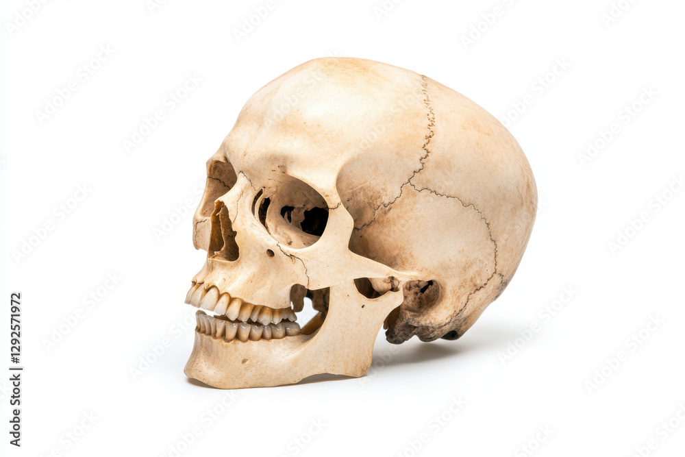skull with its jaw open, isolated on white background, showcasing intricate details and natural textures. This anatomical representation evokes curiosity and fascination skull with its jaw open, isolated on white background, showcasing intricate details and natural textures. This anatomical representation evokes curiosity and fascination