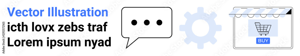 Chat bubble, gear, and storefront with shopping cart icon signaling communication, settings, and online shopping. Ideal for e-commerce, digital marketing, customer service, UI design website setup Chat bubble, gear, and storefront with shopping cart icon signaling communication, settings, and online shopping. Ideal for e-commerce, digital marketing, customer service, UI design website setup