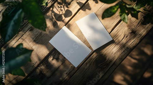 Extreme closeup top down view horizontal two business card white paper on a rustic wooden table natural sunlight casting soft shadows hyper realistic photograph 8k