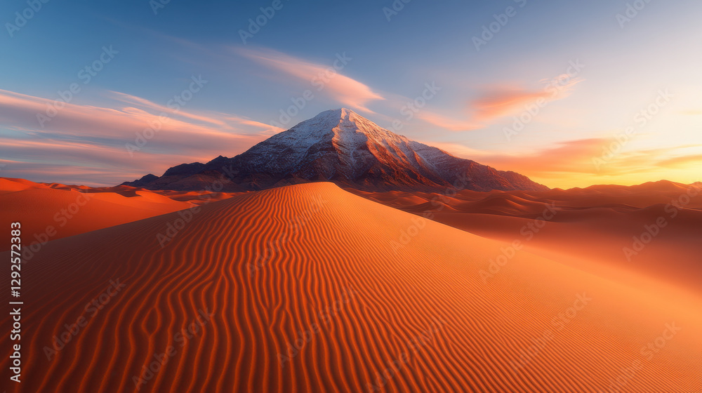 Naklejka premium stunning snow capped mountain rises majestically above golden sand dunes, showcasing breathtaking contrast between icy peaks and warm desert landscape at sunset
