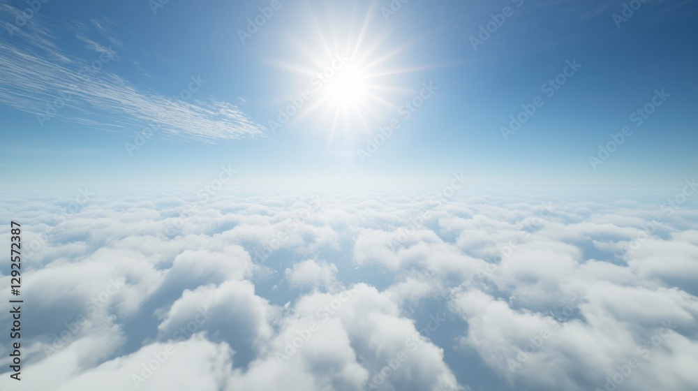 Fototapeta premium Sun shining brightly above a vast sea of fluffy white clouds under a clear blue sky. Tranquil aerial view of nature and freedom concept