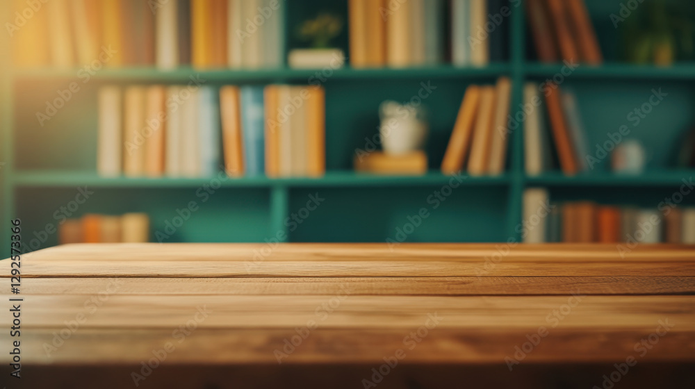 warm and softly lit home environment featuring wooden table in foreground and bookshelf filled with books in background creates cozy atmosphere warm and softly lit home environment featuring wooden table in foreground and bookshelf filled with books in background creates cozy atmosphere