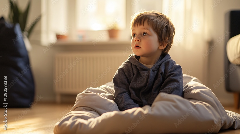 Toddler Boy Sitting on a Cozy Floor Cushion, Looking Pensively Out a Window Toddler Boy Sitting on a Cozy Floor Cushion, Looking Pensively Out a Window