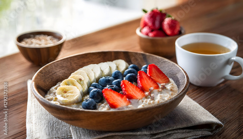 healthy breakfast menu with fresh banana and crunchy almonds, and hot tea