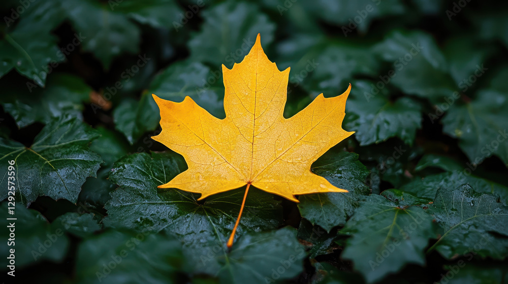 Single Yellow Maple Leaf on Dark Green Foliage with Water Droplets Single Yellow Maple Leaf on Dark Green Foliage with Water Droplets