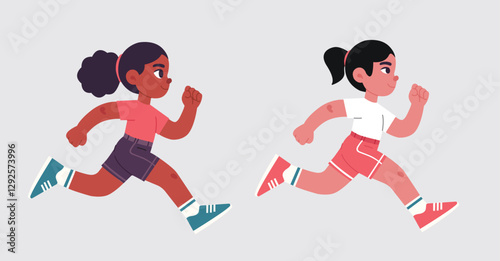 Bright, playful two young girls energetically running in sportswear, emphasizing fitness and teamwork in an athletic context aimed at promoting health and camaraderie among youth