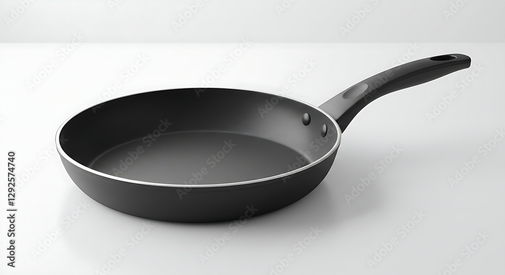 A non-stick frying pan with a sleek black handle, resting on a white surface A non-stick frying pan with a sleek black handle, resting on a white surface