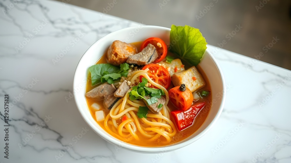 Colorful Noodles, Meat, and Vegetables in a White Cup Set on a Sleek Marble Countertop Colorful Noodles, Meat, and Vegetables in a White Cup Set on a Sleek Marble Countertop