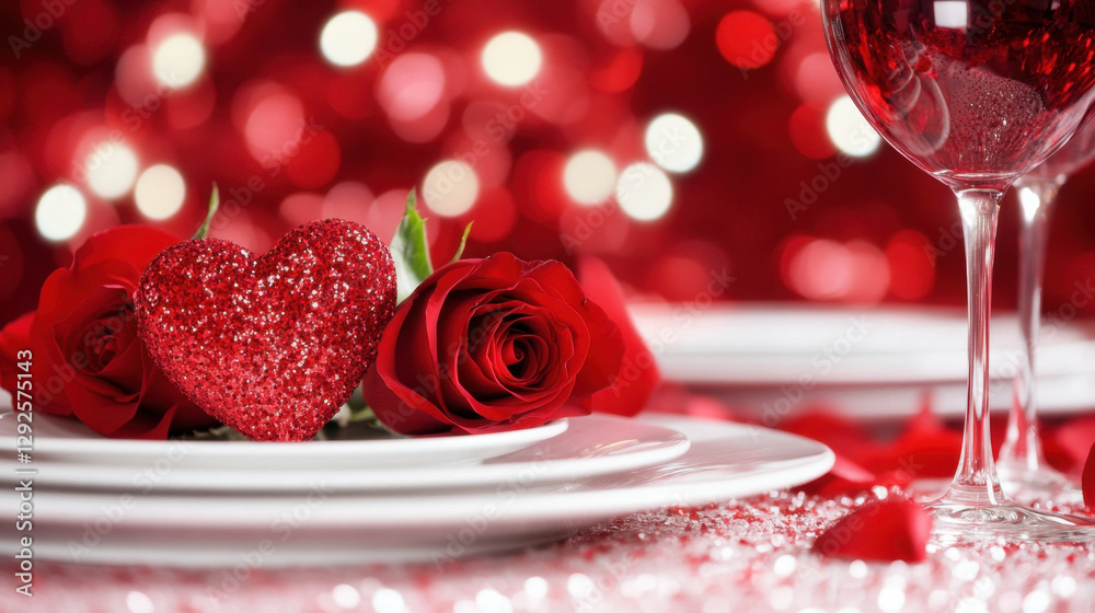 intimate Valentine Day dinner setting with red roses, sparkling heart, and wine glasses creates romantic atmosphere. Perfect for celebrating love and connection