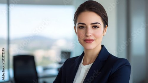 Confident woman in business suit, smiling in office setting with modern background. She exudes professionalism and poise