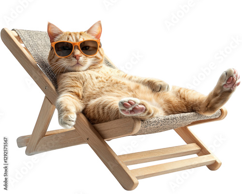 cat lounging on beach chair wearing sunglasses, enjoying sunny day. This relaxed feline exudes carefree vibe, perfect for summer vibes and leisure moments