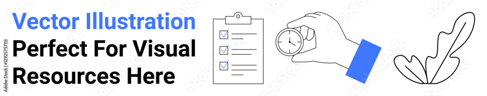Hand holding stopwatch, clipboard with checklist and checkmarks, abstract leaf. Ideal for productivity, planning, time management, task tracking, efficiency, evaluation scheduling flat landing page Hand holding stopwatch, clipboard with checklist and checkmarks, abstract leaf. Ideal for productivity, planning, time management, task tracking, efficiency, evaluation scheduling flat landing page