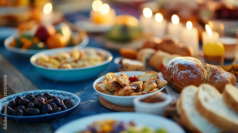 A long banquet table adorned with candles and traditional delicacies, vibrant cultural gathering, and festive joy A long banquet table adorned with candles and traditional delicacies, vibrant cultural gathering, and festive joy