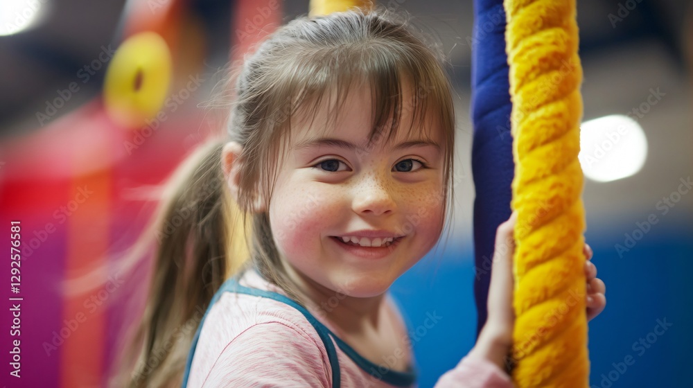 Happy Girl with Down Syndrome Climbing Rope at Indoor Play Center Happy Girl with Down Syndrome Climbing Rope at Indoor Play Center