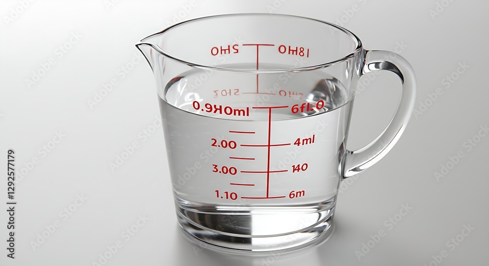 A glass measuring cup with red markings, filled with water, placed on white A glass measuring cup with red markings, filled with water, placed on white