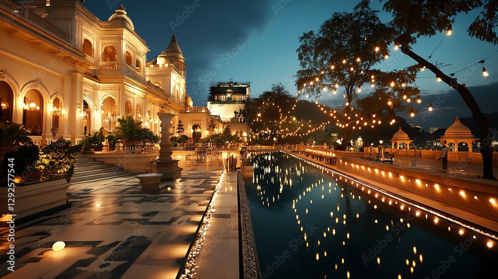 Obraz premium A grand palace courtyard adorned with golden lights, joyous celebrations taking place in an opulent setting