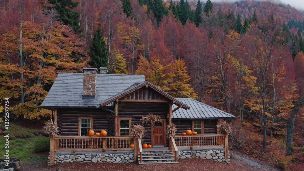 Slow Motion Mountain House in the Autumn Forest – Cozy Cabin Surrounded by Vibrant Fall Foliage, Serene Woodland Retreat, Tranquil Nature Scene, Golden Leaves Falling, Misty Hillside, Peaceful Country