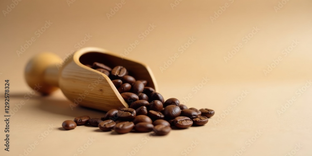 Wooden scoop overflowing with aromatic roasted coffee beans spills onto a neutral backdrop Wooden scoop overflowing with aromatic roasted coffee beans spills onto a neutral backdrop
