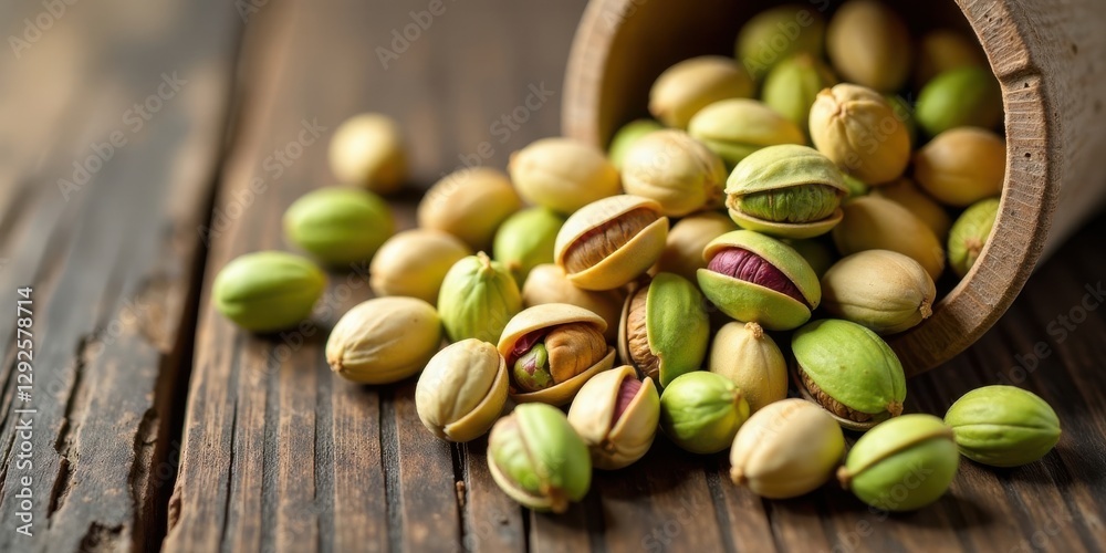A Bountiful Harvest of Shelled Pistachios Spilled from a Rustic Wooden Container onto a Weathered Wooden Surface A Bountiful Harvest of Shelled Pistachios Spilled from a Rustic Wooden Container onto a Weathered Wooden Surface