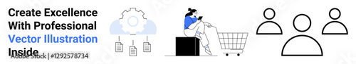 Woman browsing on phone while seated near cart, cloud technology with documents, user profiles. Ideal for e-commerce, cloud solutions, digital marketing, user insights, online shopping, networking